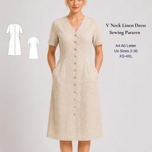 May include: A beige linen dress with a V-neck, short sleeves, and a front button closure. The text reads V Neck Linen Dress Sewing Pattern, A4 A0 Letter, US Sizes 2-30, XS-4XL. Includes a technical line drawing of the front and back of the dress.