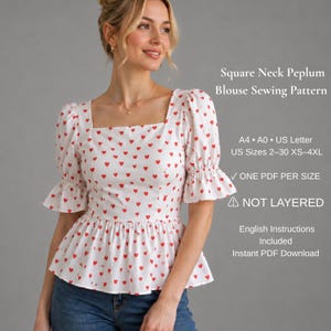 Schnittmuster für eine Bluse mit eckigem Ausschnitt und Schößchen | PDF-Schnittmuster für ein Top mit Puffärmeln | Cottagecore-Bluse für Damen, Größen XS-4XL, A4/A0 (US Letter)