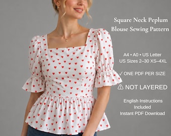 Square Neck Peplum Blouse Sewing Pattern | Puff Sleeve Top PDF Pattern | Women's Cottagecore Blouse XS-4XL, A4 A0 US Letter