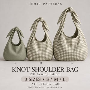 Cartamodello PDF per borsa a tracolla con nodo, borsa in tessuto con cinturino da annodare, 3 taglie S M L, guida di cucito illustrata, formato A4 US Letter A0
