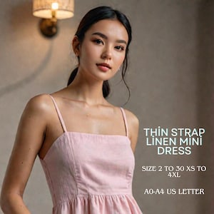 Pode incluir: Um vestido de linho rosa mini com alças finas. O vestido tem um decote quadrado e um corpete justo. O vestido é mostrado em uma modelo com um fundo claro.  THIN STRAP LINEN MINI DRESS SIZE 2 TO 30 XS TO 4XL A0-A4 US LETTER