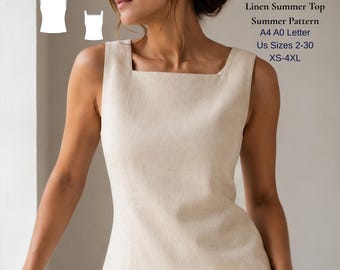 May include: A beige linen summer top with a square neckline and a sleeveless design. The image also includes a line drawing of the top and the text "Linen Summer Top Summer Pattern A4 A0 Letter Us Sizes 2-30 XS-4XL".