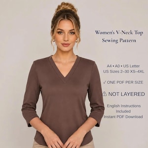 以下が含まれることがあります： Vネックの茶色のトップス、七分袖。右側のテキスト：Women's V-Neck Top Sewing Pattern, A4, A0, US Letter, US Sizes 2-30 XS-4XL, ONE PDF PER SIZE, NOT LAYERED, English Instructions Included, Instant PDF Download.