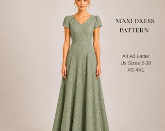 May include: A sage green maxi dress with short sleeves, a V-neckline, and a full-length skirt featuring a textured lace pattern. Text on the right reads: MAXI DRESS PATTERN, A4 A0 Letter, US Sizes 2-30, XS-4XL.