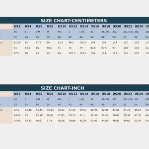 May include: A clothing size chart showing measurements in centimetres and inches. It includes bust, waist, and hip circumferences, with sizes from XS to 4XL+. The chart is for garment sizing.