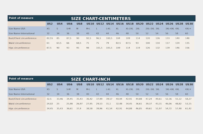 May include: A clothing size chart showing measurements in centimetres and inches. It includes bust, waist, and hip circumferences, with sizes from XS to 4XL+. The chart is for garment sizing.