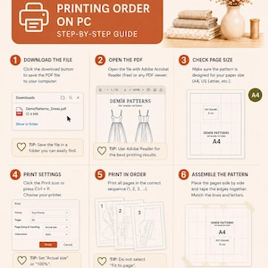 May include: A step-by-step guide for printing PDF sewing patterns from Demir Patterns. The guide includes instructions for downloading, opening, and printing the file, with tips for optimal results. The image also shows a vase with flowers and spools of thread.