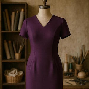 Puede incluir: Un vestido de color morado intenso liso sobre un maniquí, con escote en pico, mangas cortas y dos bolsillos verticales en la cintura. La prenda tiene un corte entallado con costuras visibles que van desde los hombros hasta la cintura.