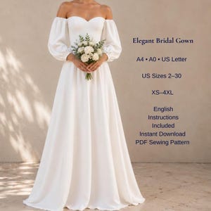 Off Shoulder Wedding Dress Sewing Pattern PDF, Sweetheart Bridal Gown, Long Sleeve Maxi Dress, Bridal Pattern, XS-4XL