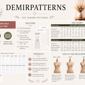 May include: A digital PDF sewing pattern information sheet by Demirpatterns featuring a size chart in inches and centimeters, instructions for printing, a guide on how to take body measurements, and a visual representation of the dress pattern.