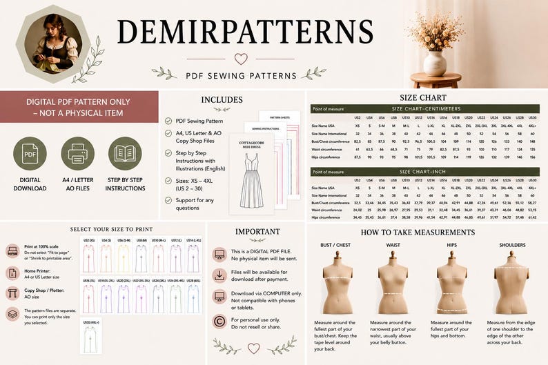 May include: A digital PDF sewing pattern information sheet by Demirpatterns featuring a size chart in inches and centimeters, instructions for printing, a guide on how to take body measurements, and a visual representation of the dress pattern.