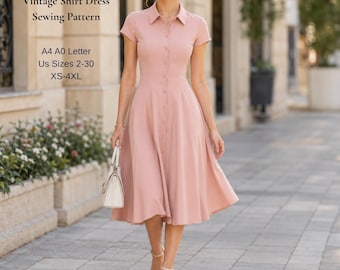 Vintage Shirt Dress Sewing Pattern PDF | Button Front Midi Dress | Collared Dress | XS-4XL | A4 A0 US Letter