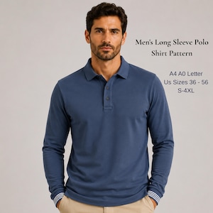 May include: A long-sleeve polo shirt in a solid dark blue color with a collar, a three-button placket, and striped cuffs. Text on the image reads: Long Sleeve Polo Shirt Pattern, A4 A0 Letter, US Sizes 36-56, S-4XL.