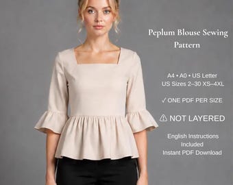 Peplum Blouse Sewing Pattern PDF | Square Neck Top Pattern | Flutter Sleeve Blouse | Women's Peplum Top | XS–4XL | A4 A0 US Letter