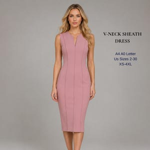 V Neck Sheath Dress Sewing Pattern PDF, Princess Seam Pencil Dress, Office Dress Pattern, XS-4XL, A4 A0 US Letter