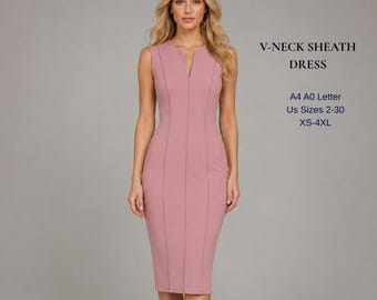 Naaipatroon voor een nauwsluitende jurk met V-hals (PDF), kokerjurk met prinsessennaad, kantoorjurkpatroon, XS-4XL, A4 A0 US Letter