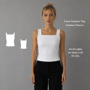 Peut inclure: Un haut blanc sans manches à encolure carrée, porté avec un pantalon noir. L'image présente un dessin au trait blanc du haut et le texte Linen Summer Top Summer Pattern, A4 A0 Letter, US Sizes 2-30, et XS-4XL.
