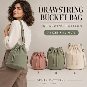 Drawstring Bucket Bag Sewing Pattern PDF, Adjustable Shoulder Strap, Inner Pocket, 3 Sizes S M L, Illustrated Guide, A4 US Letter A0