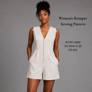Puede incluir: Un romper beige sin mangas con un escote en V profundo y una fila vertical de botones a juego en el centro. El texto dice: Women's Romper Sewing Pattern, A4 A0 Letter, US Sizes 2-30, XS-4XL.