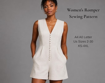 May include: A sleeveless beige romper featuring a deep V-neckline and a vertical row of matching buttons down the center front. The text reads: Women's Romper Sewing Pattern, A4 A0 Letter, US Sizes 2-30, XS-4XL.
