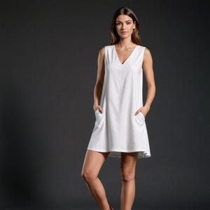 Patrón de costura para vestido túnica: escote en V, sin mangas, con bolsillos, PDF para principiantes, tallas XS a 4XL, tamaño A0, A4, carta estadounidense.