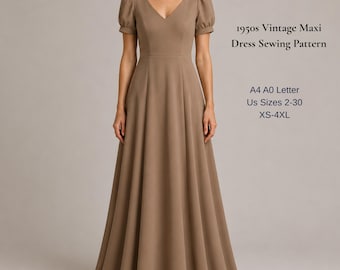 Patrón de costura para vestido de novia de los años 50, vestido largo vintage en PDF, vestido de novia con mangas abullonadas, tallas XS-4XL