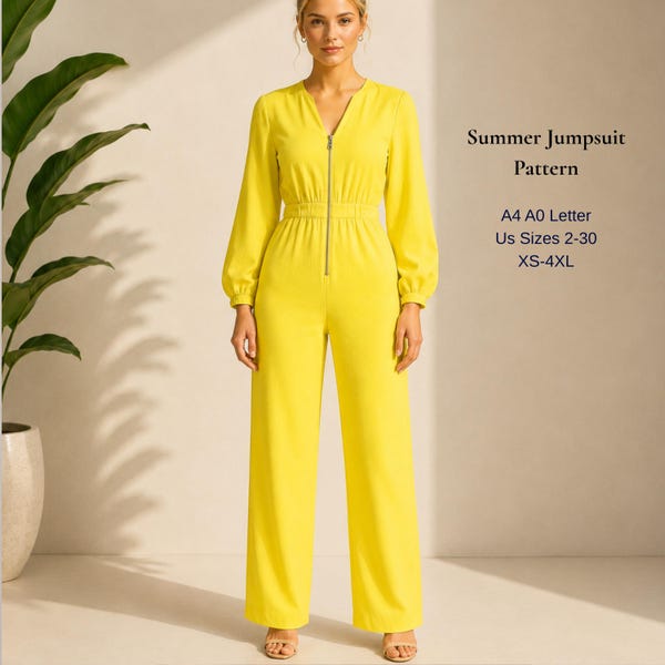 Reißverschluss vorne Jumpsuit Schnittmuster, Sommer-Strampler mit weitem Bein PDF, Damen Playsuit Schnittmuster, XS-4XL