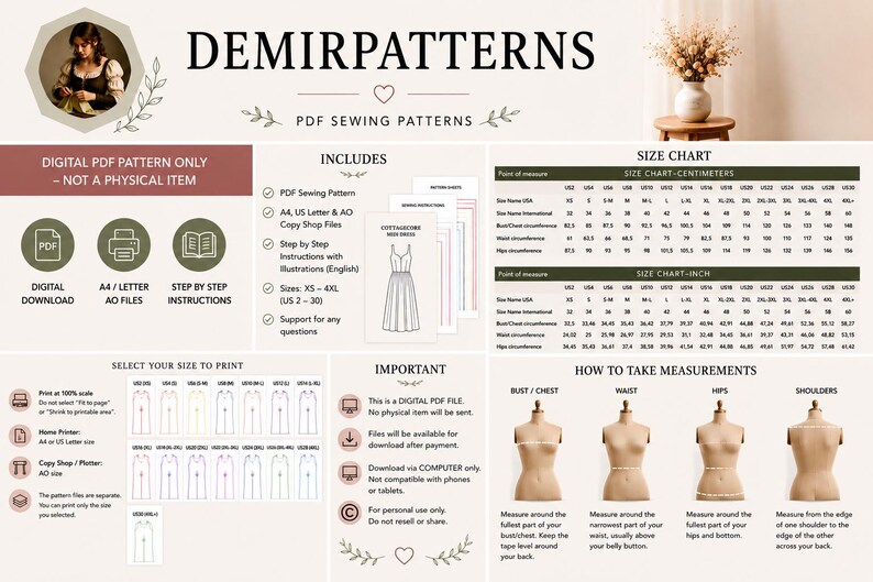 May include: Digital PDF sewing pattern by DemirPatterns. Includes instructions, size charts, and diagrams. Features a dress design with size options from XS to 4XL (US 2-30). Digital download only, no physical item.