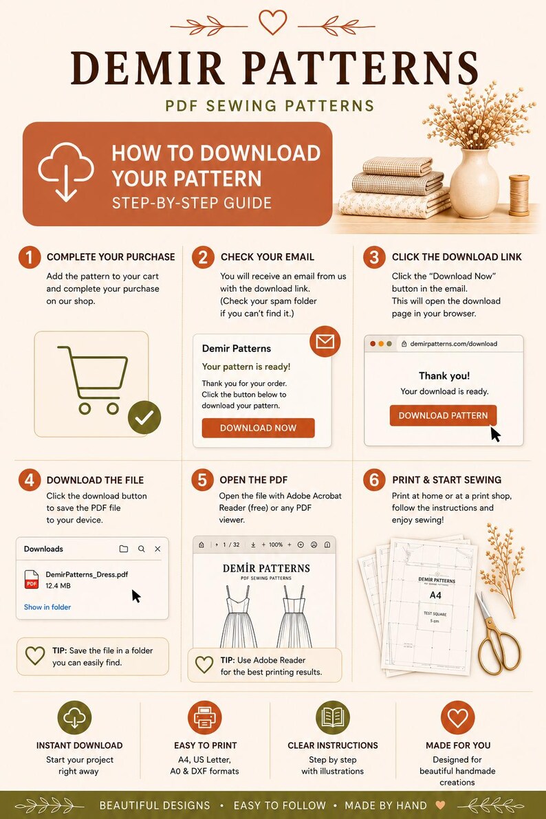 May include: An infographic titled Demir Patterns PDF Sewing Patterns featuring a six-step guide on how to download and print digital sewing patterns. The visual includes icons for a shopping cart, email, browser window, file download, and a printer.