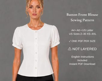 Button Front Blouse Sewing Pattern PDF | Women's Puff Sleeve Top | Fitted Blouse | XS-4XL | A4 A0 US Letter