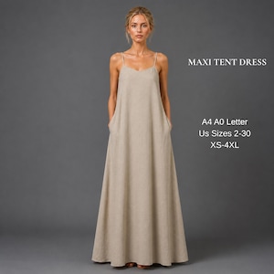 Puede incluir: Un vestido largo tipo tienda de color beige con tirantes finos y una silueta holgada hasta el suelo. El texto a la derecha dice: MAXI TENT DRESS, A4 A0 Letter, US Sizes 2-30, XS-4XL. El vestido presenta un escote en V y bolsillos laterales.