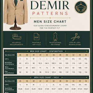 Op de afbeelding: Een beige blazer op een paspop naast een Demir Patterns maattabel voor heren. De tabel bevat kolommen voor maten, borst-, taille- en heupomtrek in centimeters en inches, samen met iconen voor PDF-bestanden en naaigereedschap.