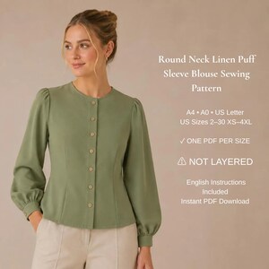 Patron de couture pour chemisier en lin à col rond et manches bouffantes | Haut boutonné sur le devant (PDF) | Patron de chemise femme | Tailles XS à 4XL | Téléchargement instantané