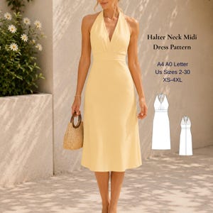 Könnte beinhalten: Ein hellgelbes Midikleid mit Neckholder-Ausschnitt, körperbetontem Oberteil und ausgestelltem Rock. Text: Halter Neck Midi Dress Pattern, A4 A0 Letter, US Sizes 2-30, XS-4XL. Enthält eine weiße Strichzeichnung der Vorder- und Rückseite des Kleides.