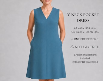 V-Neck Pocket Dress Sewing Pattern PDF | Sleeveless A-Line Shift Dress | Relaxed Fit Dress | XS-4XL | A4 A0 US Letter.