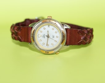 Vintage Timex Indiglo Brown Braided Leather Band Numbers on Bezel Gold Tones