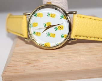 Vintage Retro Pineapple Yellow Band White Face Watch