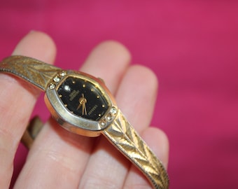 Vintage Black Face Sarah Coventry Gold Tone Quartz Watch Working