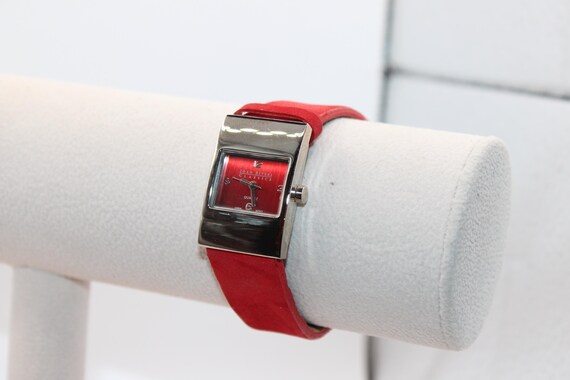 Joan Rivers Red Fac Silver Rectangular Bezel Sued… - image 1