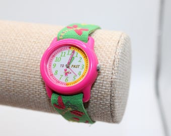 Vintage Kids Timex CR1216 Cell "To Past" Pink Dragonfly Green Band Watch