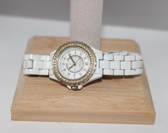Vintage White Varsales Metal Watch Lined with Rhinestones