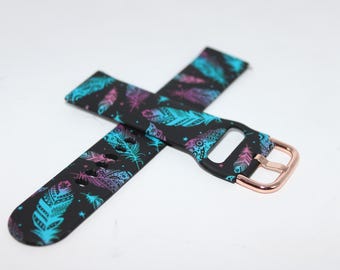 Blue Black Feather Silicone Watch Band 20mm