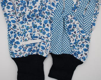 Blue Flower Floral PVC Cotton Machine Washable Garden Gloves