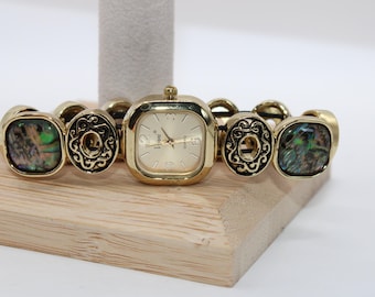 Vintage Gold Tone Vivani Yellow Cabochon Filigree Size 6.5 Watch with Box