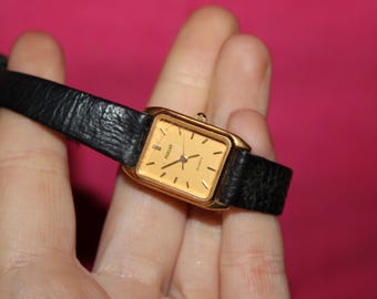 Vintage Phasar Ladies Gold Tone Watch Black Leather Band New Battery Installed
