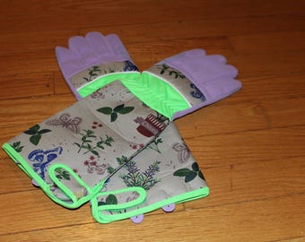 Floral Butterfly Polyester Long Garden Gloves Purple Green Chives 14.5"