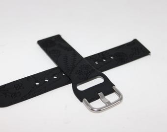 Black Silicone Engraved Flower Watch Band 20mm 22mm