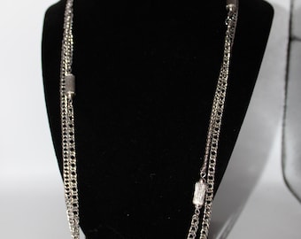 Silver Tone Vintage Monet Long Chain Necklace Rectangular Charms 48"