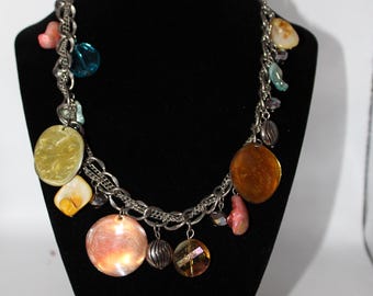 Long Vintage Chunky Silver Tone Round Stone Pendant Necklace