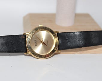 Vintage Gold Tone Bezel TIME Roman Numerals Black Face and Band